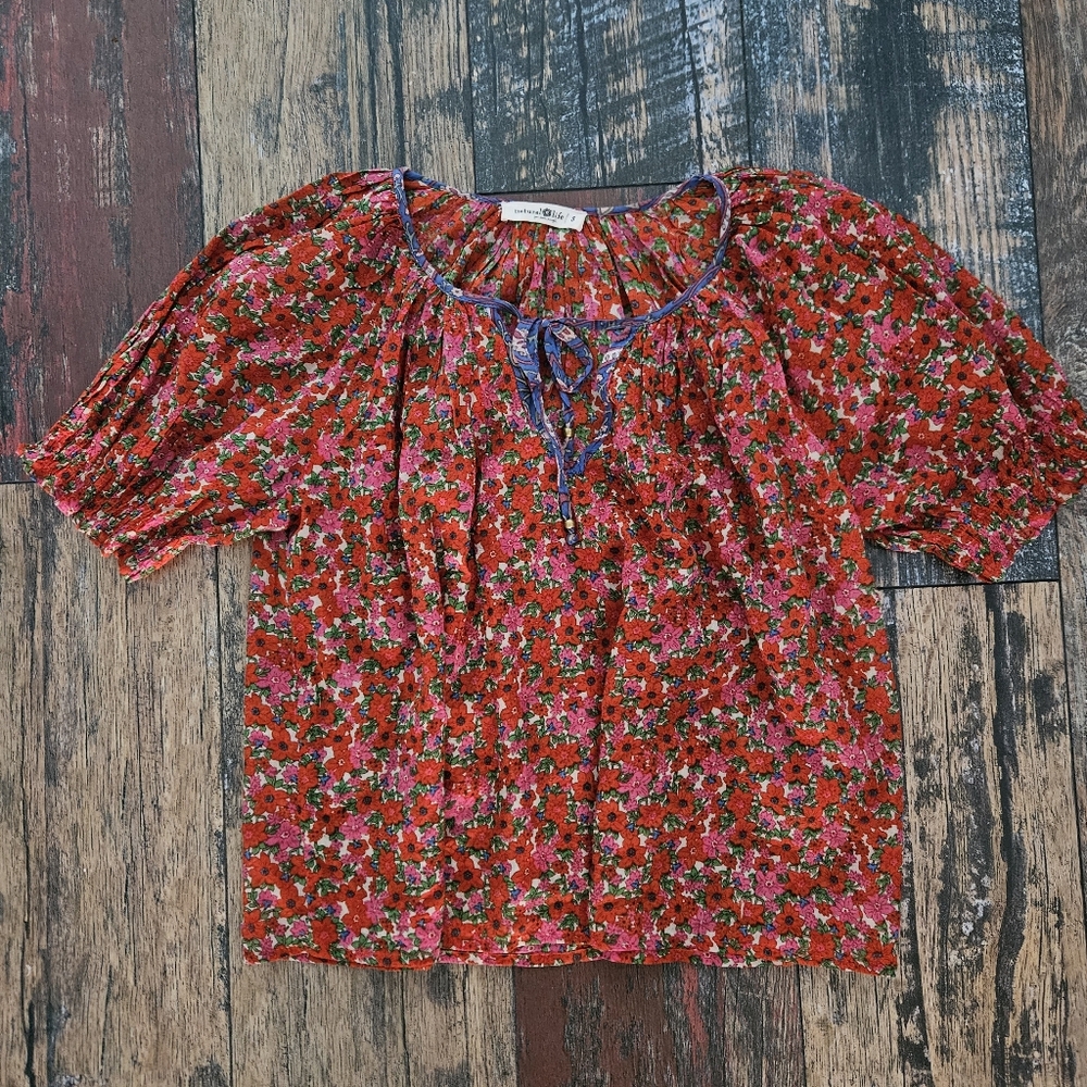 Natural Life Red Floral Blouse with Blue Accents, Small